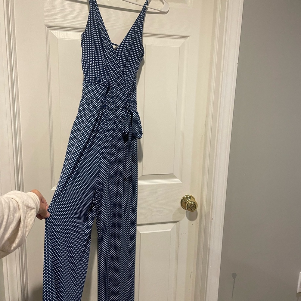 Polka Dot Navy Wrap Jumpsuit with Tie Waist